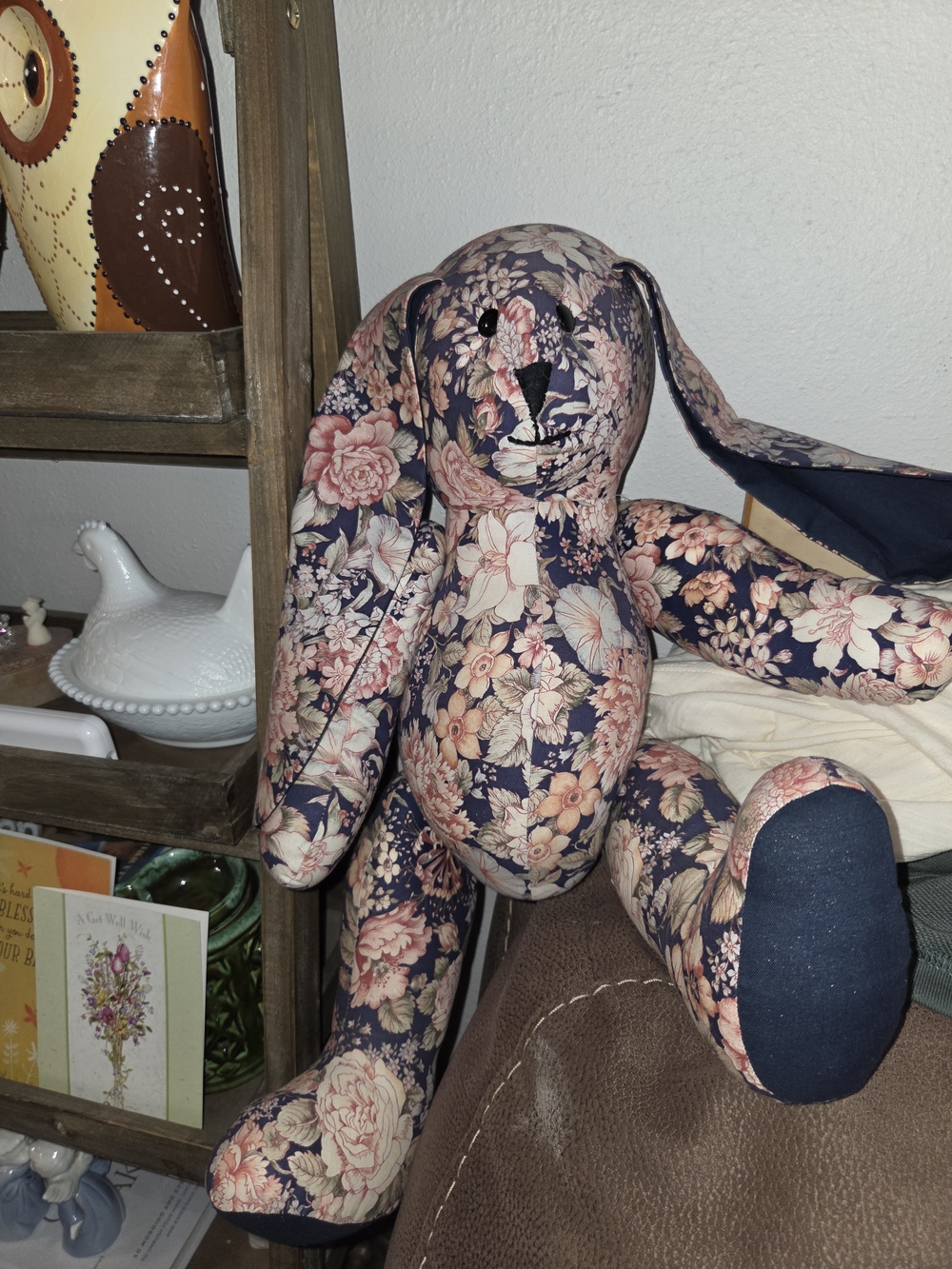 Handmade Floral Bunny Plush - Navy and Pink -